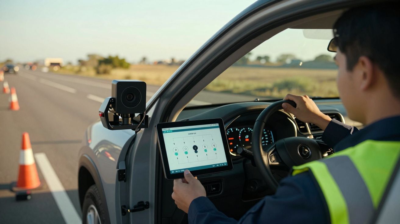 Polícia numa viatura monitoriza o trânsito através de um tablet numa estrada com cones.
