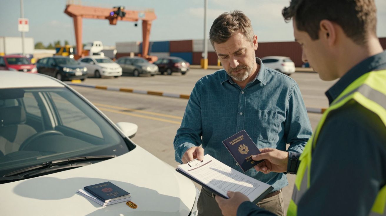 Homem em frente a um carro mostra passaporte a fiscal em zona de controlo automóvel.
