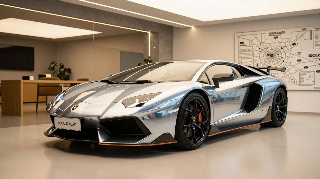 Carro desportivo prateado em exposição num showroom moderno, com plantas e mapas na parede ao fundo.