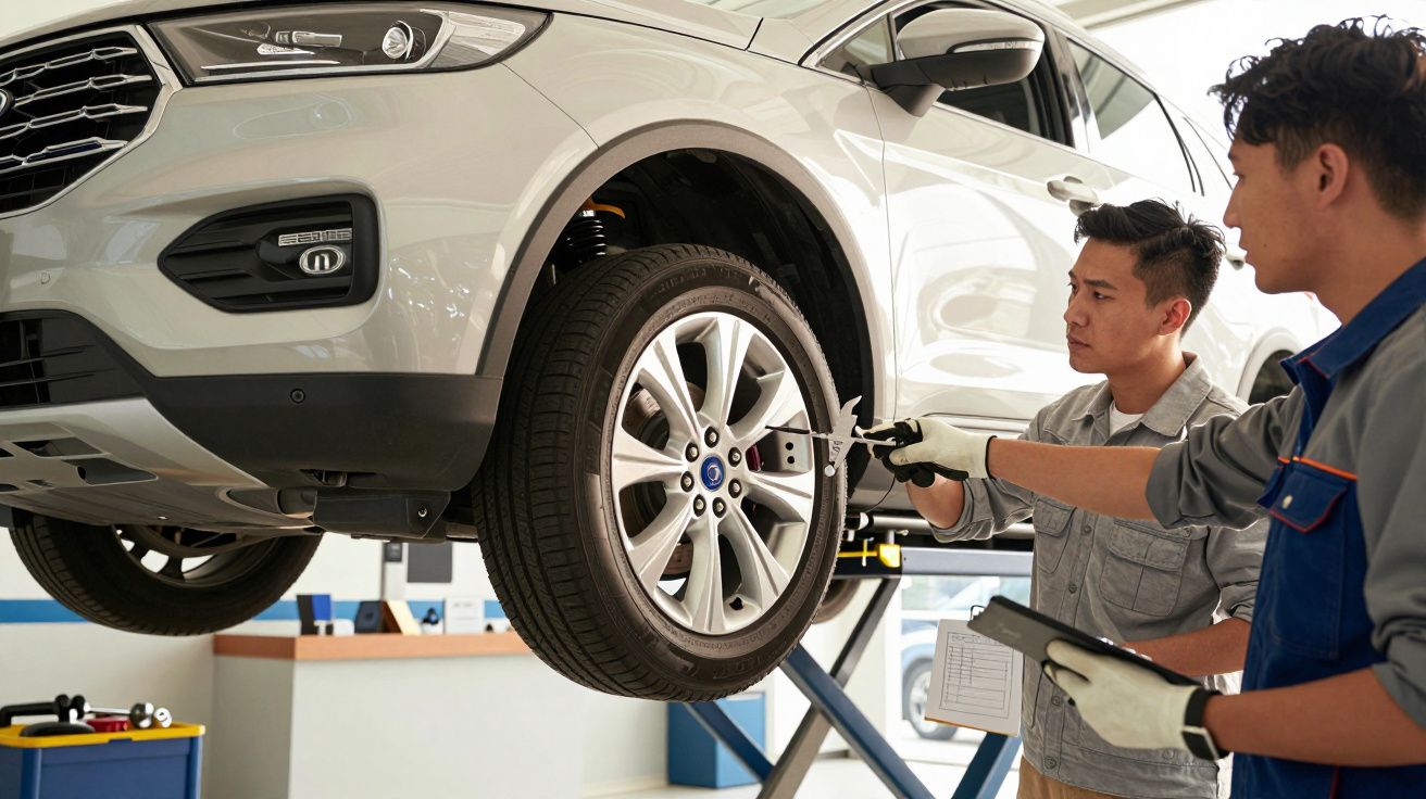 Mecânicos inspecionam um SUV levantado, usando ferramentas e uma prancheta na oficina automóvel.
