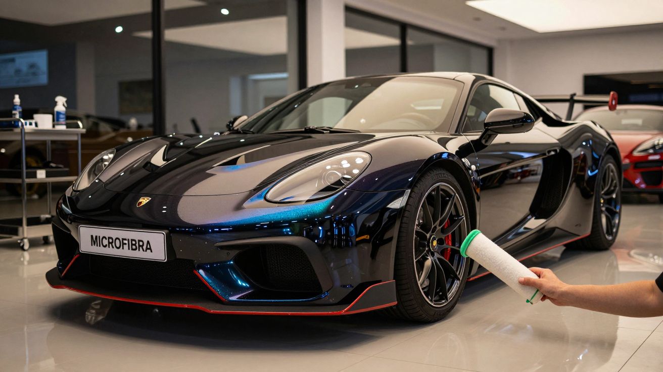 Carro desportivo preto brilhante em showroom, com detalhe de pessoa a segurar rolo adesivo na frente.