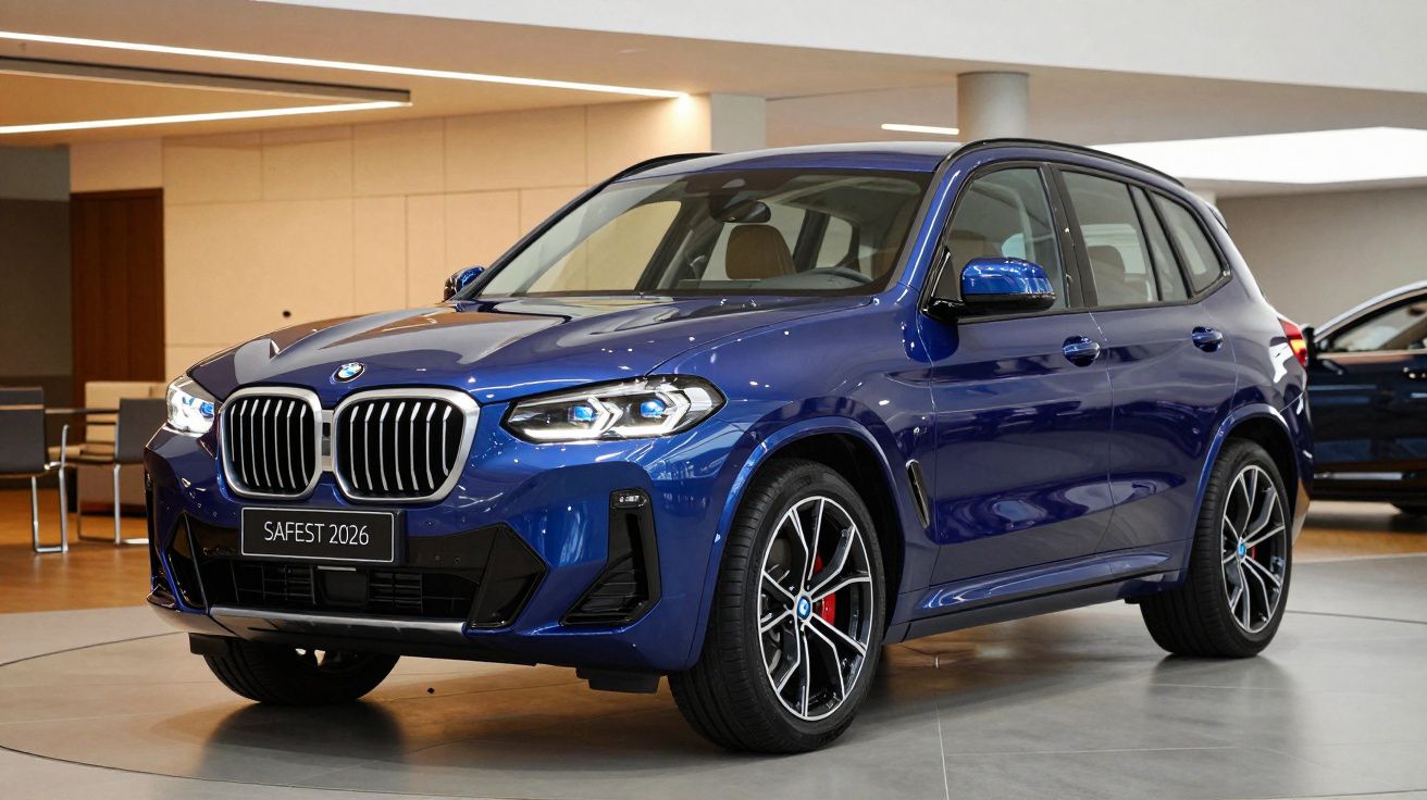 SUV azul da BMW exibido num showroom, com design elegante e moderno.