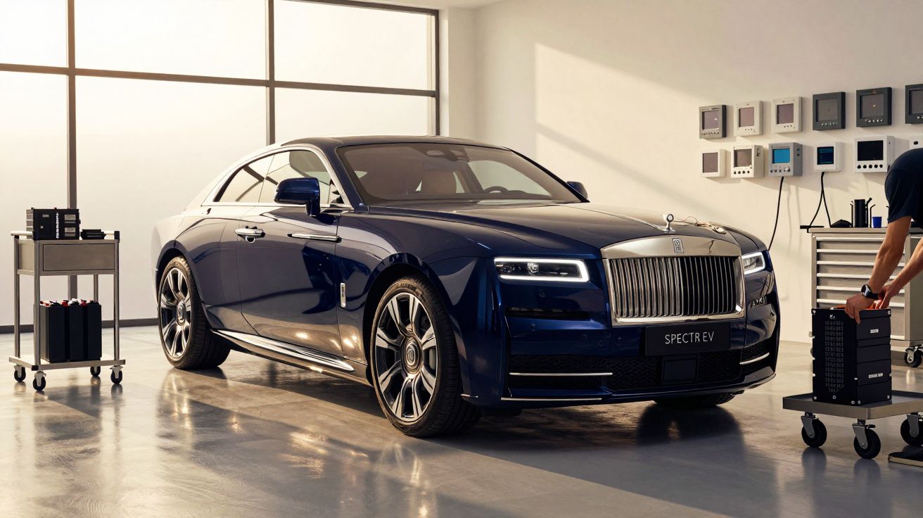 Carro azul escuro numa garagem iluminada, com equipamento técnico em volta.