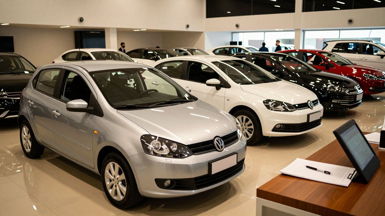 Sala de exposição de automóveis com diversos carros novos em fila, incluindo modelos prateados, brancos e pretos.