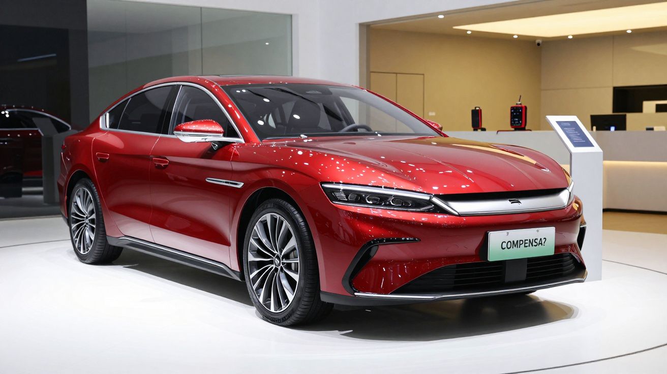 Carro elétrico vermelho em exposição num showroom bem iluminado, destacando design moderno e linhas elegantes.