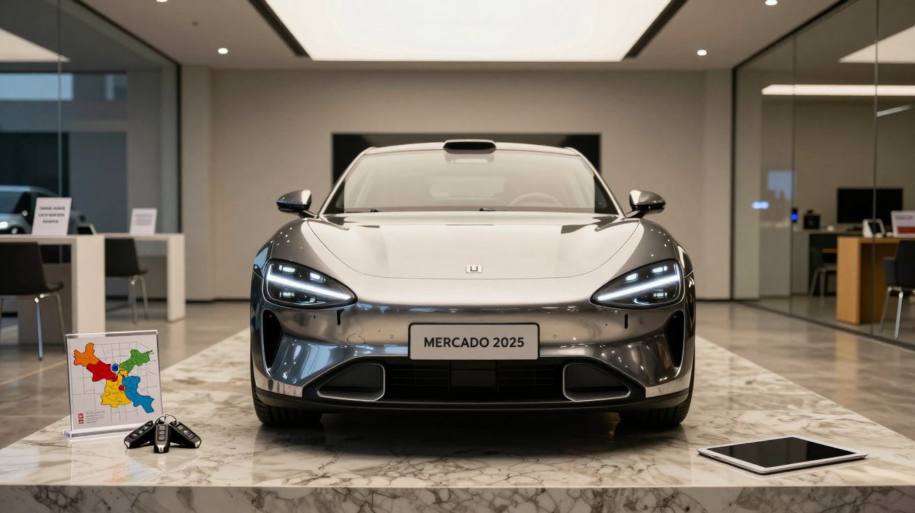 Carro desportivo prata em exposição num showroom, com mapa, chaves e tablet ao lado. Placa diz "Mercado 2025".