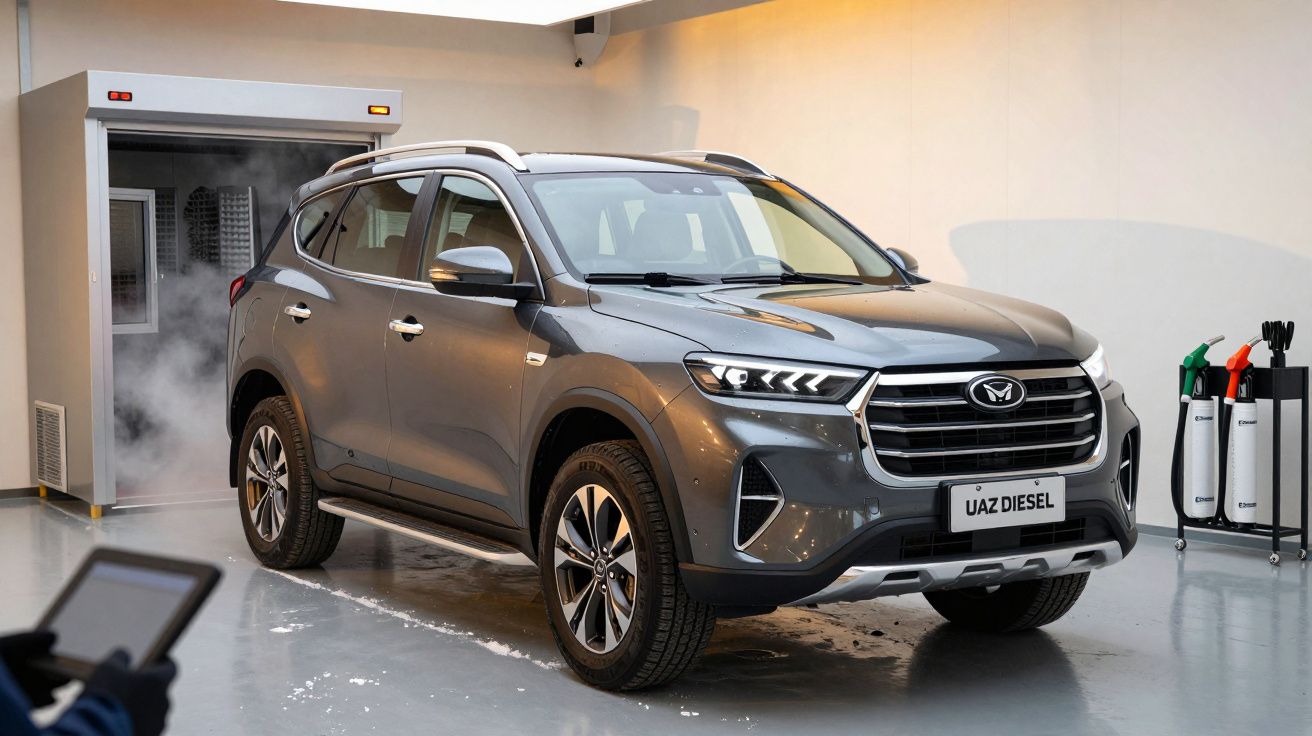 SUV cinzento UAZ Diesel estacionado numa garagem, com ferramentas e equipamento ao fundo.