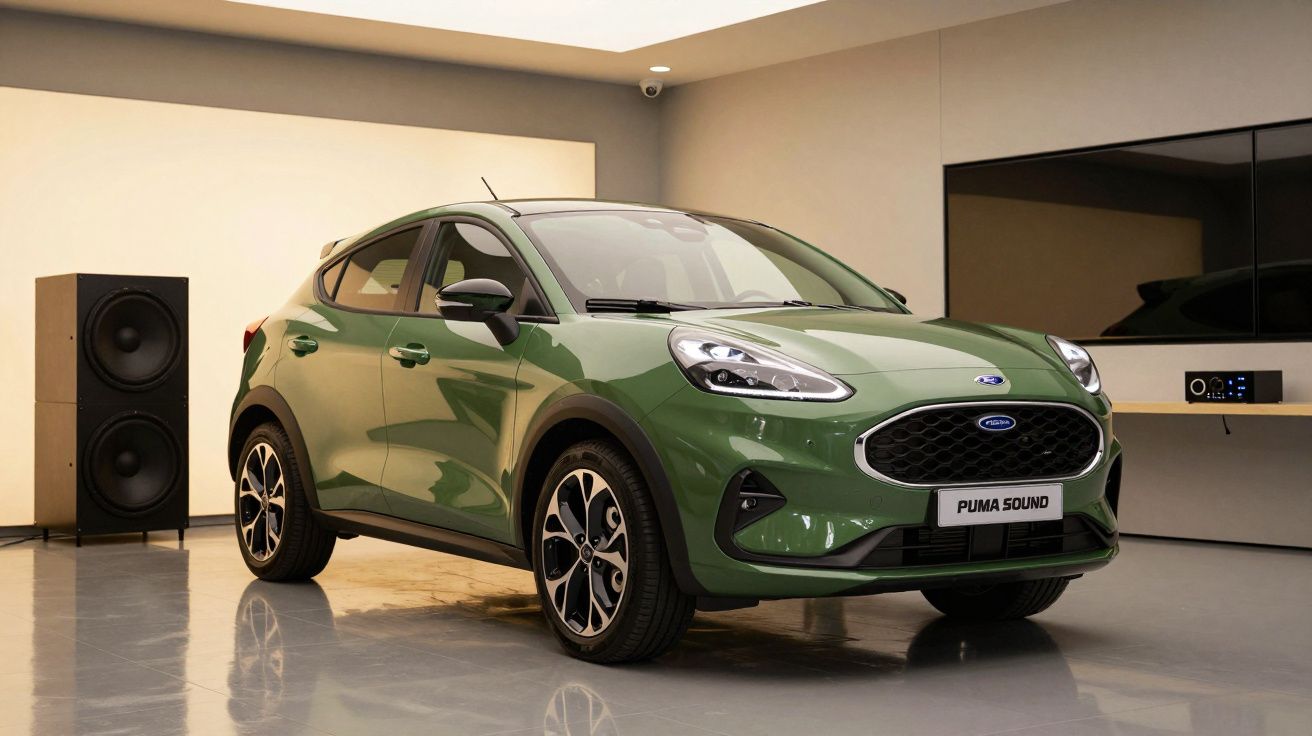 Carro verde em sala moderna, com colunas de som ao fundo.