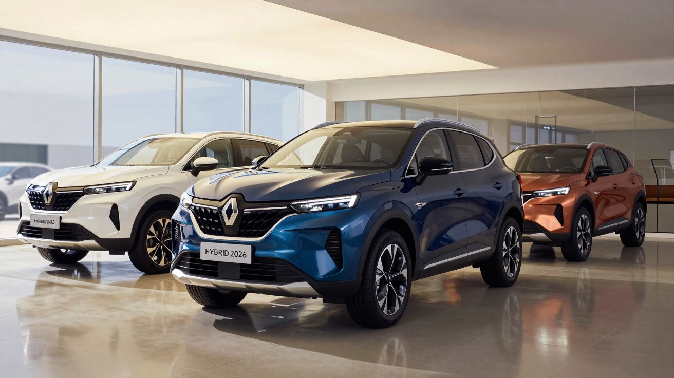 Três carros Renault híbridos em exposição numa sala iluminada, com destaque para o modelo azul ao centro.