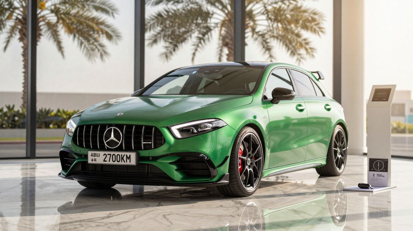 Carro verde desportivo em exposição, com palmeiras ao fundo e luz natural entrando por janelas grandes.