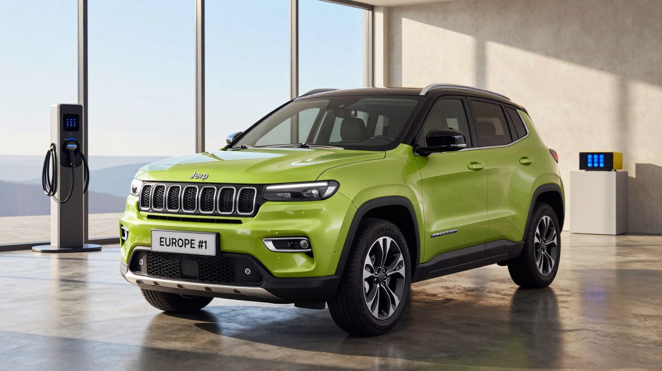 SUV verde num showroom, junto a uma estação de carregamento elétrica. Placa "EUROPE #1".