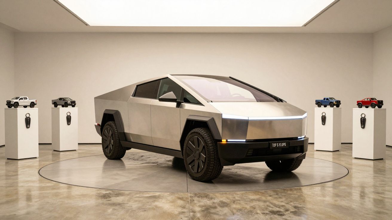 Camioneta futurista prateada num showroom com miniaturas coloridas em pedestais ao redor.