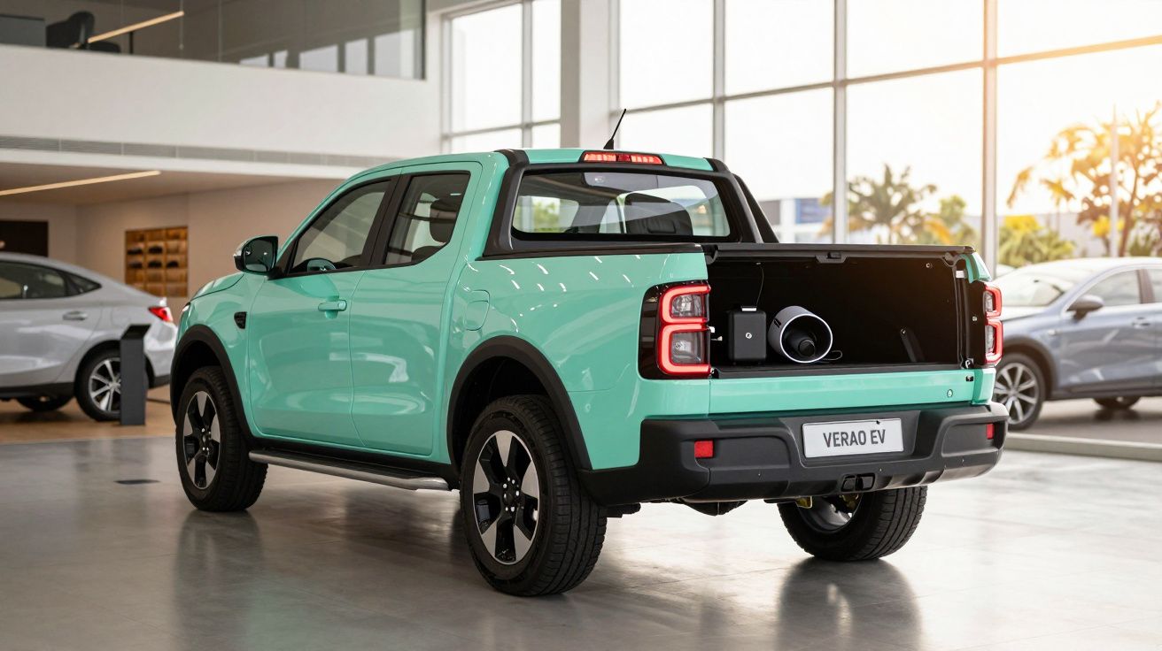 Carrinha pickup elétrica verde-clara num showroom, com o porta-bagagens aberto e luz solar ao fundo.