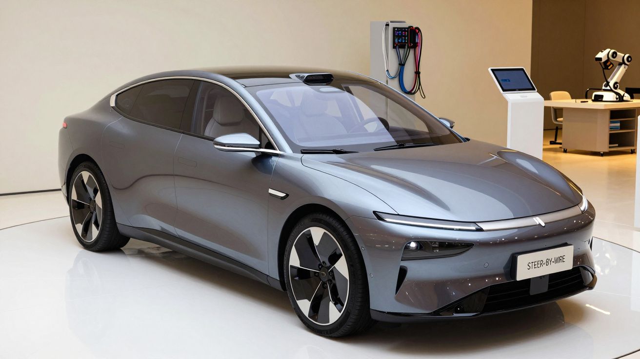 Carro elétrico prateado em showroom, com estação de carregamento ao fundo.