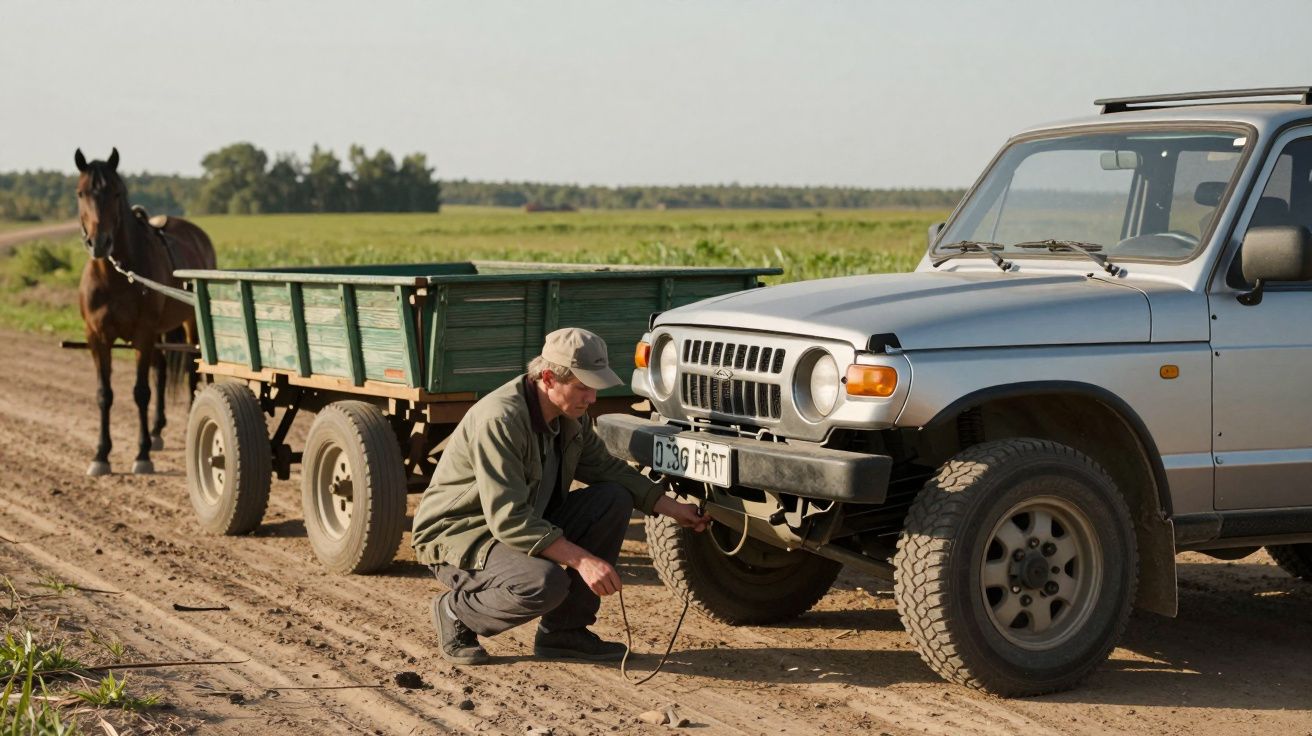 Homem repara veículo em estrada de terra; cavalo e carroça ao fundo, campo verde.