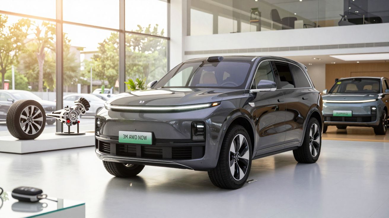 SUV cinza futurista em exposição numa concessionária, com janelas amplas e veículos ao fundo.