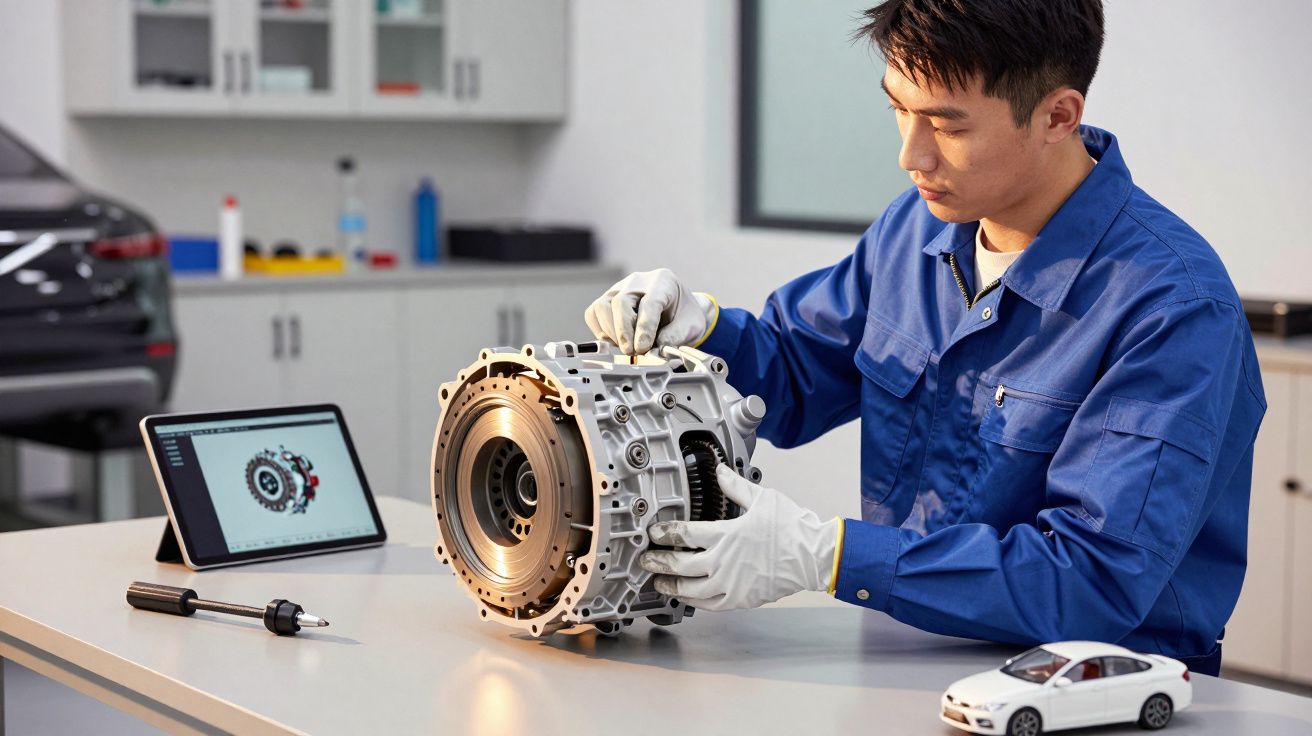 Técnico de automóveis analisa peça em oficina com carro e tablet.