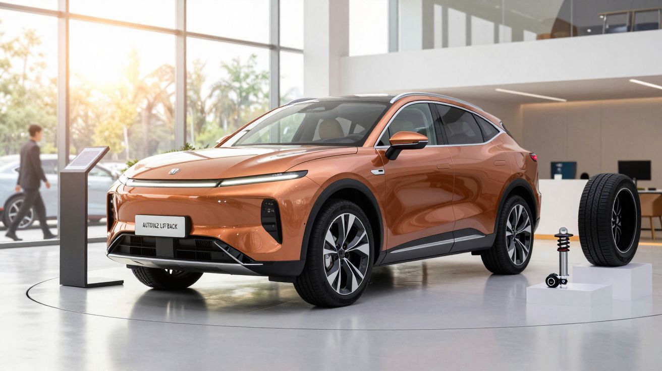 Carro elétrico laranja em exposição num salão automóvel com pneu e suspensão à direita.