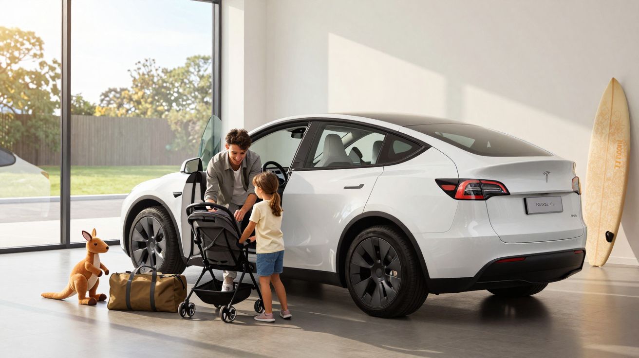Homem e criança junto a carro branco com cadeira de bebé, numa garagem com janela ampla e prancha de surf encostada.