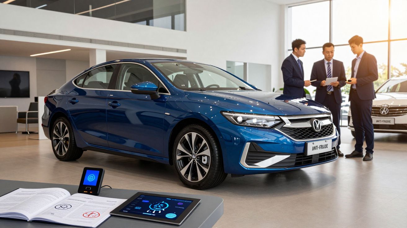 Carro azul em exposição num concessionário, com três homens de fato a conversar ao fundo.
