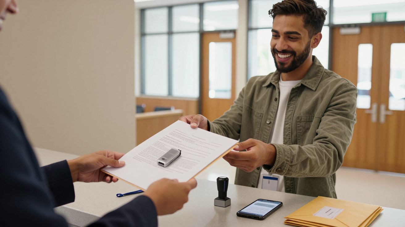 Homem a sorrir entrega documento a pessoa atrás de balcão. Envelopes e carimbo sobre a mesa. Ambiente de escritório.