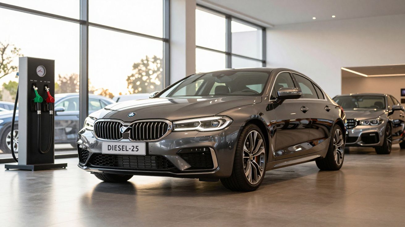 Carro cinza em exposição num concessionário, com janelas amplas e bomba de combustível à esquerda.