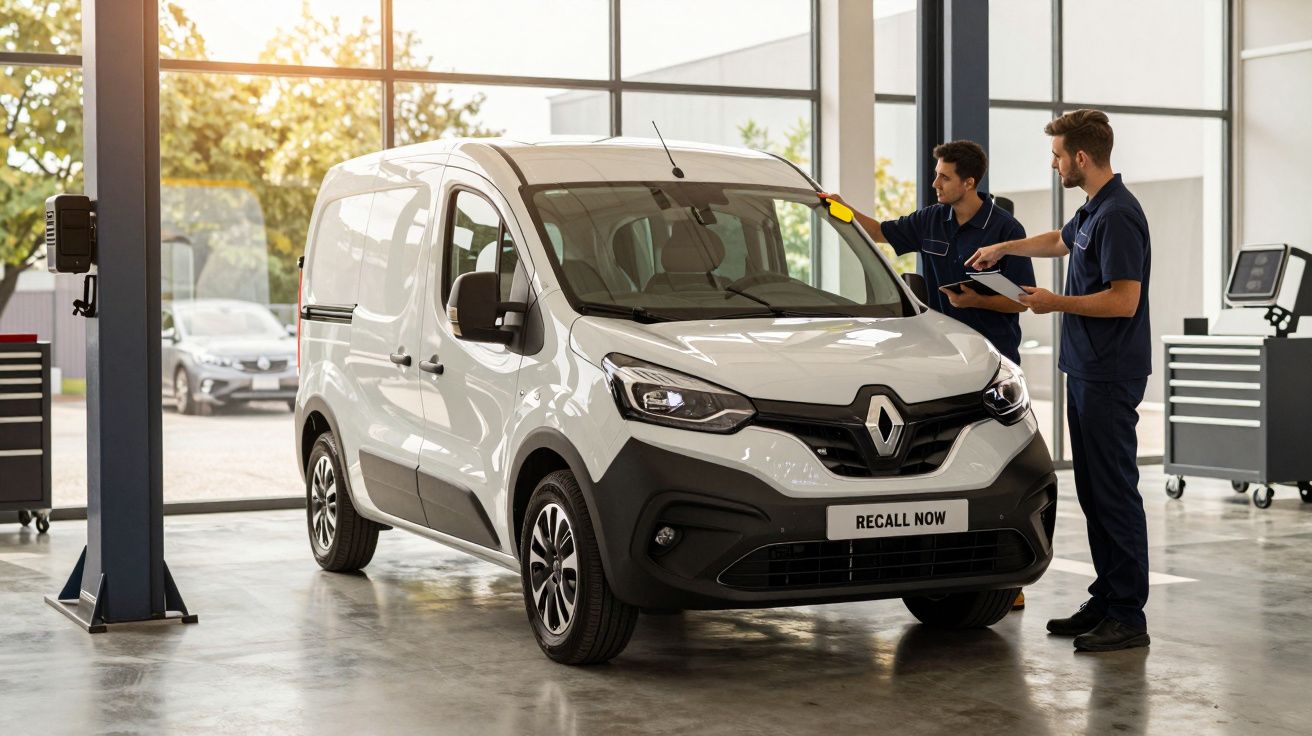 Dois mecânicos inspecionam uma carrinha Renault branca numa oficina arejada com grandes janelas.