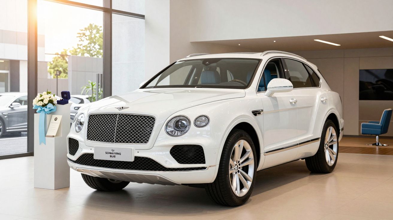 SUV de luxo branco exposto num showroom moderno e iluminado, com decoração floral ao lado.