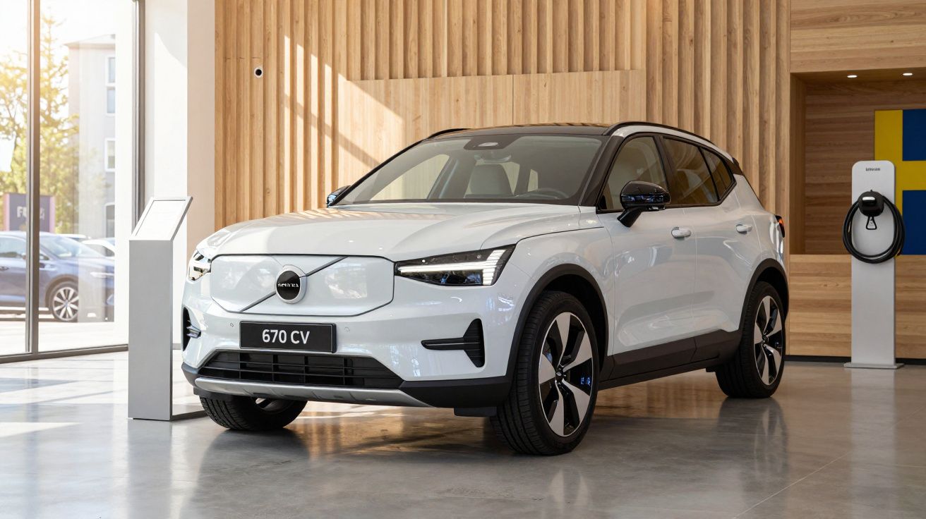 SUV elétrico branco em concessionária moderna com paredes de madeira.