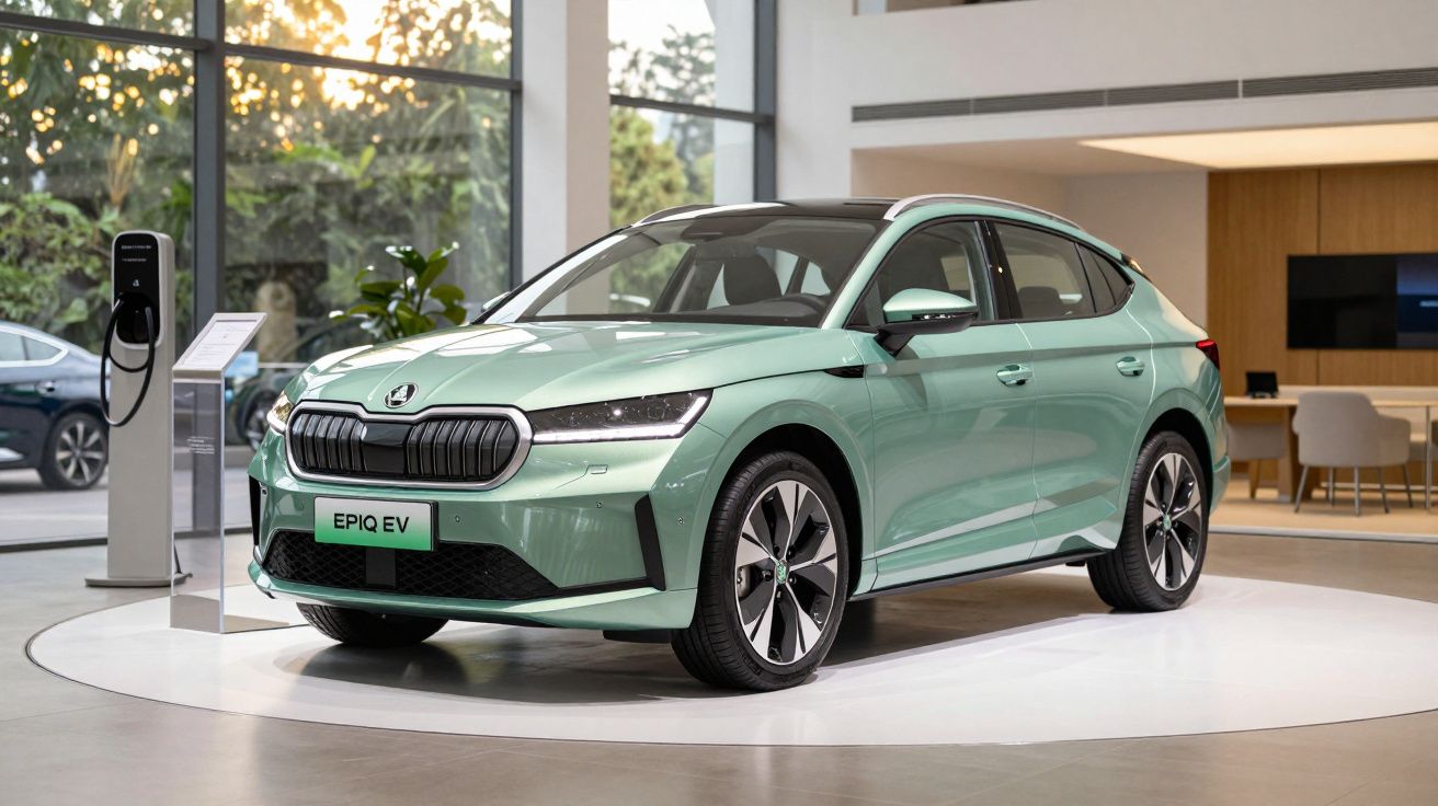 Carro elétrico verde claro num showroom, próximo a um carregador, com design moderno e jantes elegantes.