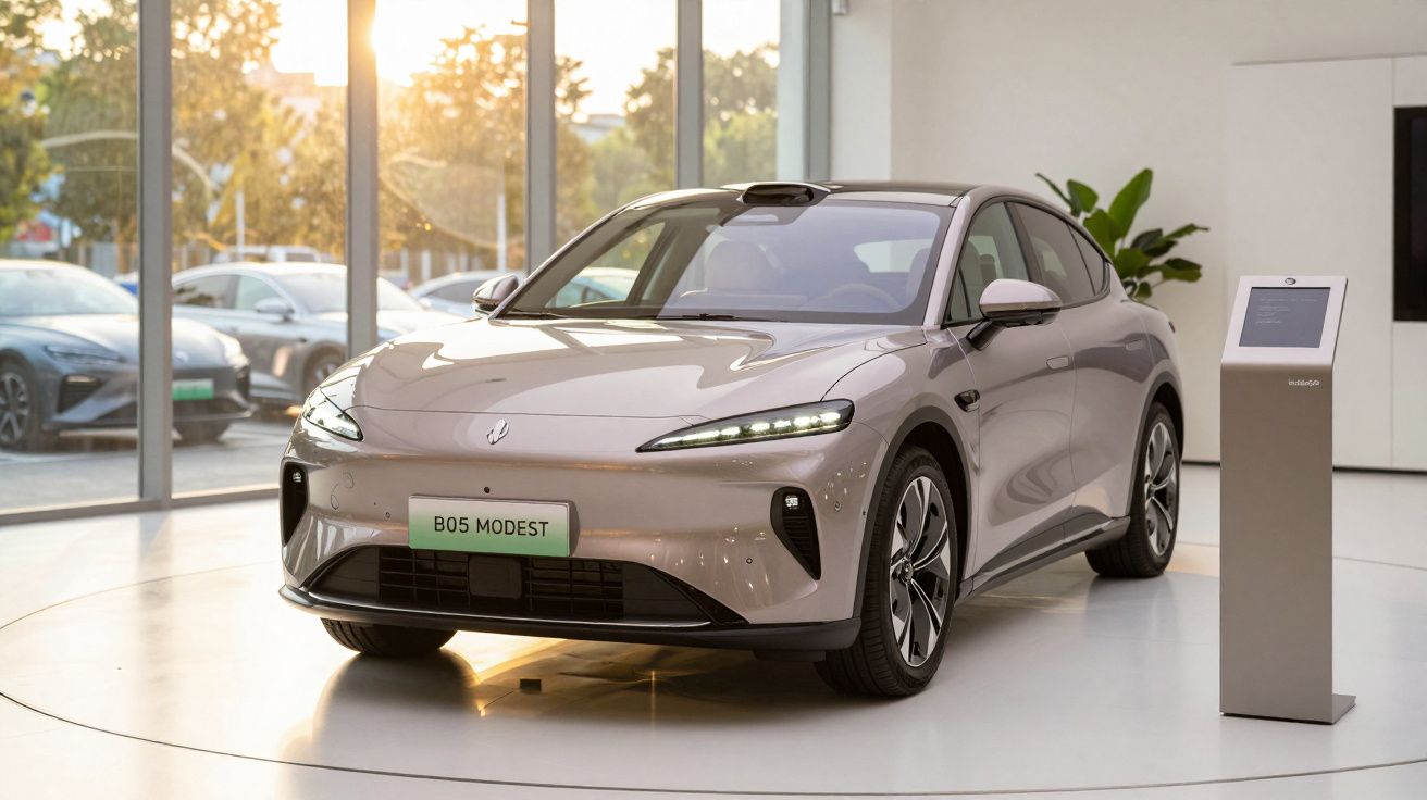 Carro elétrico moderno em exibição num showroom iluminado, com fundo de janelas grandes e plantas.