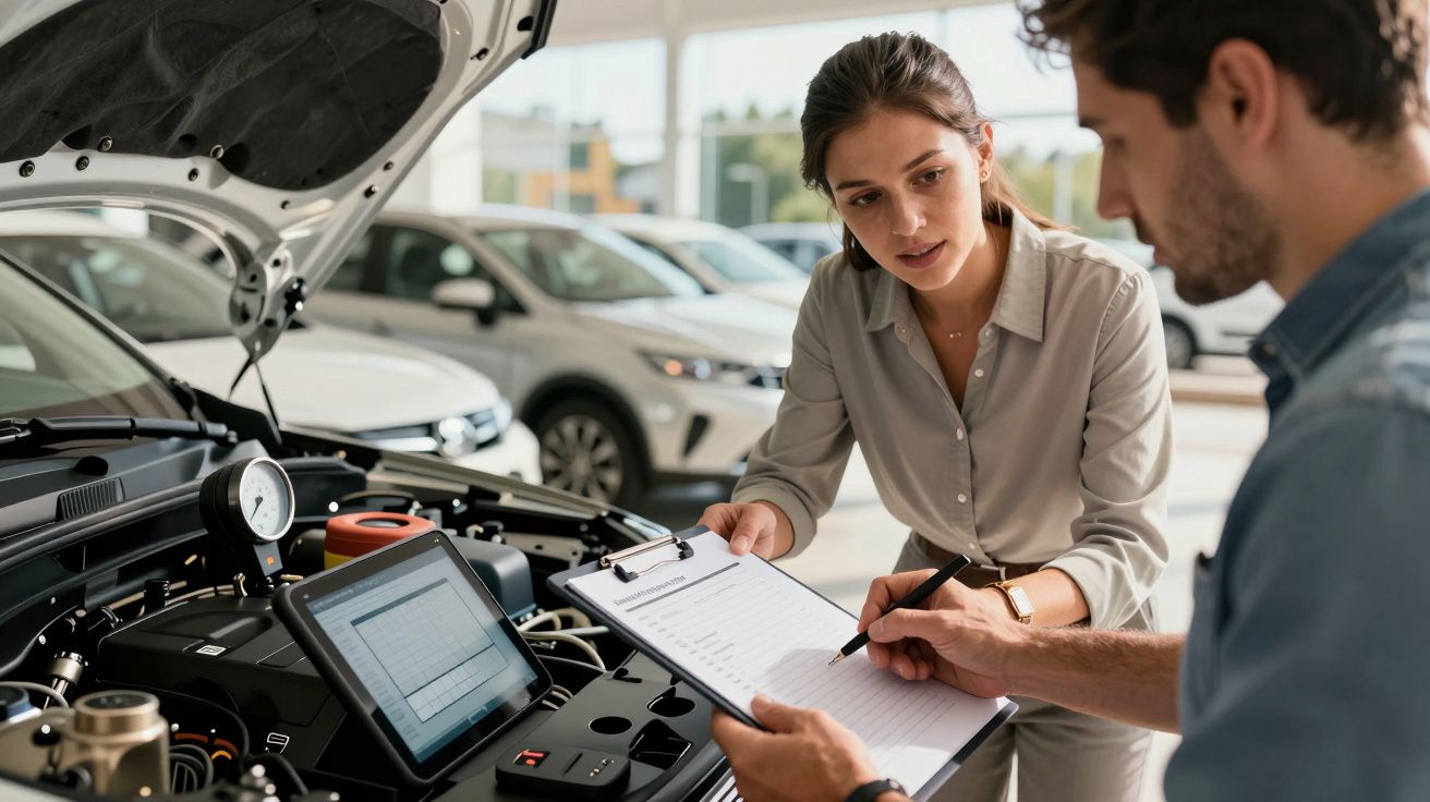Dois técnicos analisam dados de um motor de carro, com um clipboard e ecrã digital em destaque.
