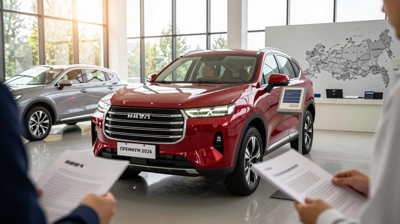 SUV vermelho em exibição num showroom de automóveis, com pessoas segurando documentos.