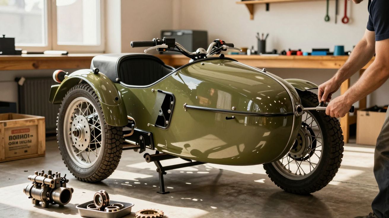 Homem a montar um sidecar verde num espaço de oficina, com peças no chão ao lado.