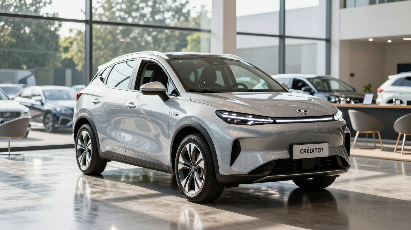 SUV prateado em exposição num salão automóvel com fundo de janelas amplas e árvores visíveis.