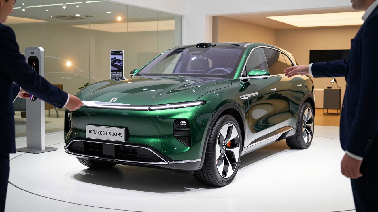 Carro verde elétrico exposto em salão de automóveis com duas pessoas apontando para ele. Placa: UK TAKES US JOBS.