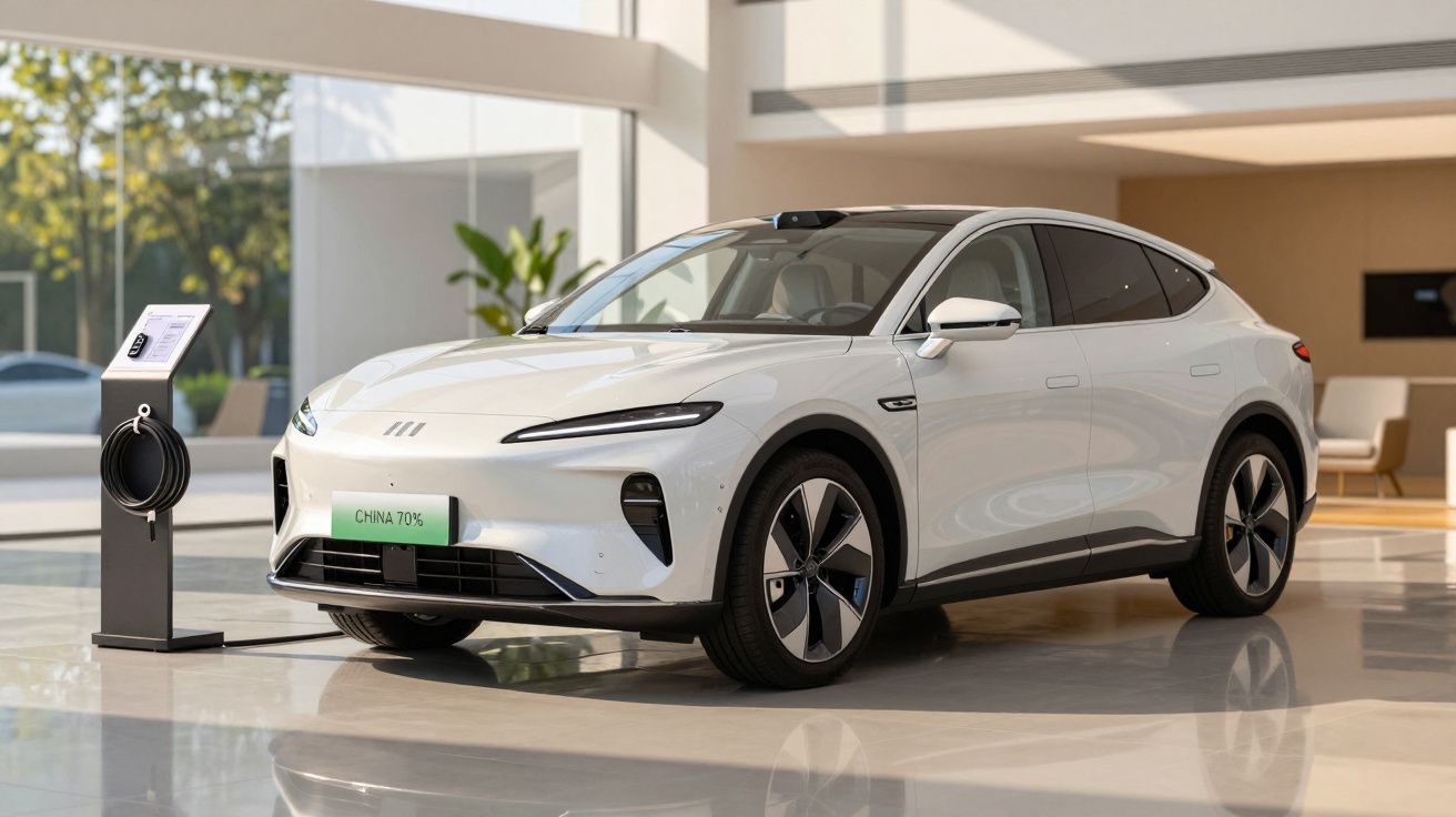 Carro elétrico branco num showroom moderno com janela grande. Posto de carregamento à esquerda.