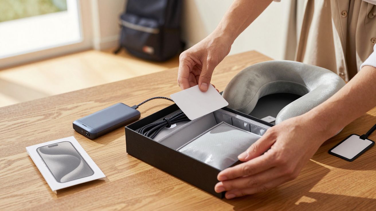 Pessoa prepara uma caixa com almofada de viagem, carregador portátil e cabo, sobre uma mesa de madeira.