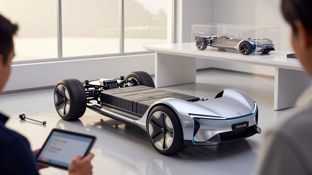 Protótipo de carro futurista e elétrico em exposição, com design aerodinâmico e engenheiros a observá-lo num estúdio moderno.