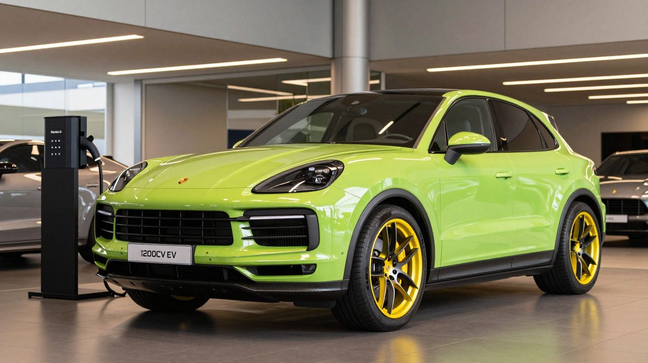 SUV verde-limão num showroom, com jantes amarelas e carregador elétrico ao lado, refletindo design moderno.