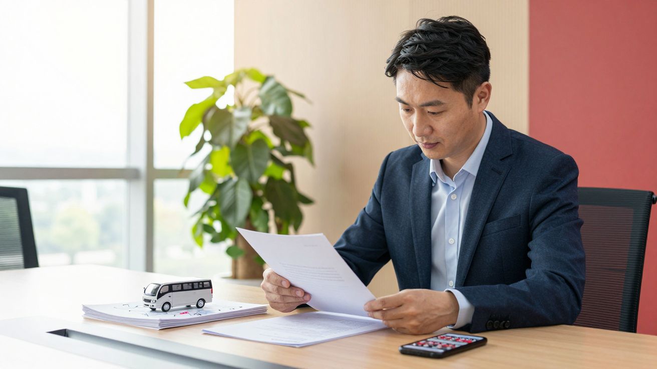 Homem em fato a ler documentos numa secretária, com maquete de autocarro e telemóvel ao lado, planta ao fundo.
