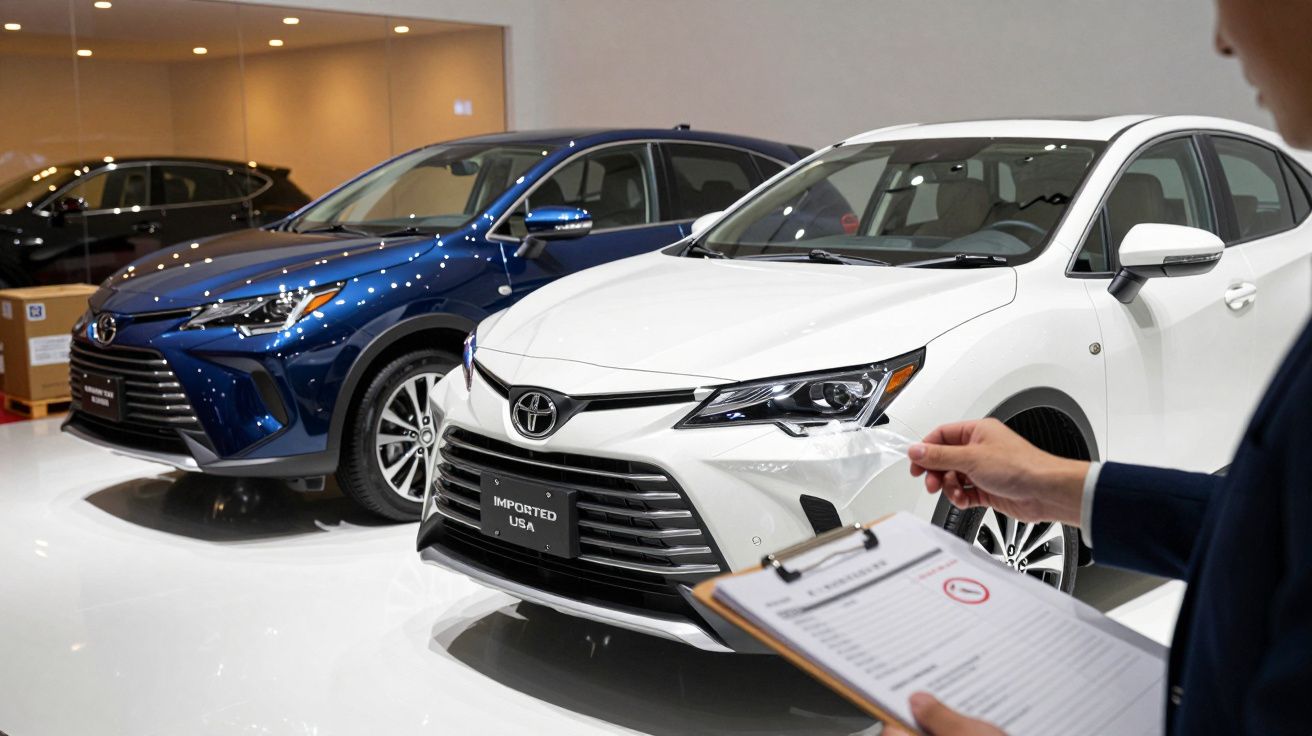 Dois carros Toyota num showroom, um azul e outro branco, com uma pessoa segurando uma prancheta à direita.