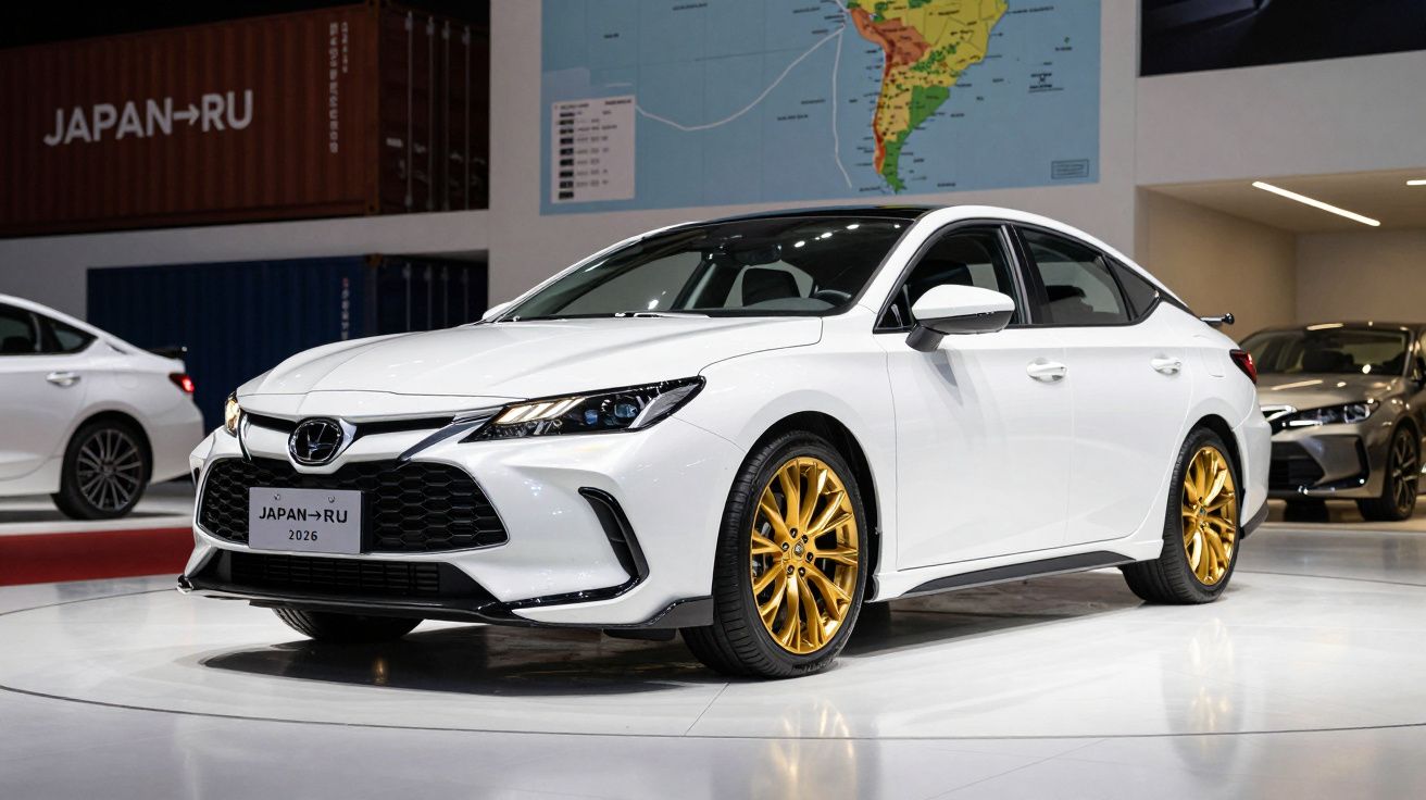 Carro branco com jantes douradas em exibição num salão automóvel, fundo com mapa.