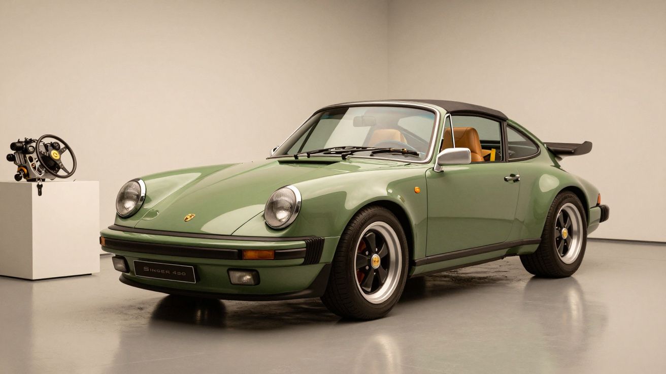 Carro clássico verde num showroom, volante exposto num pedestal, fundo neutro.