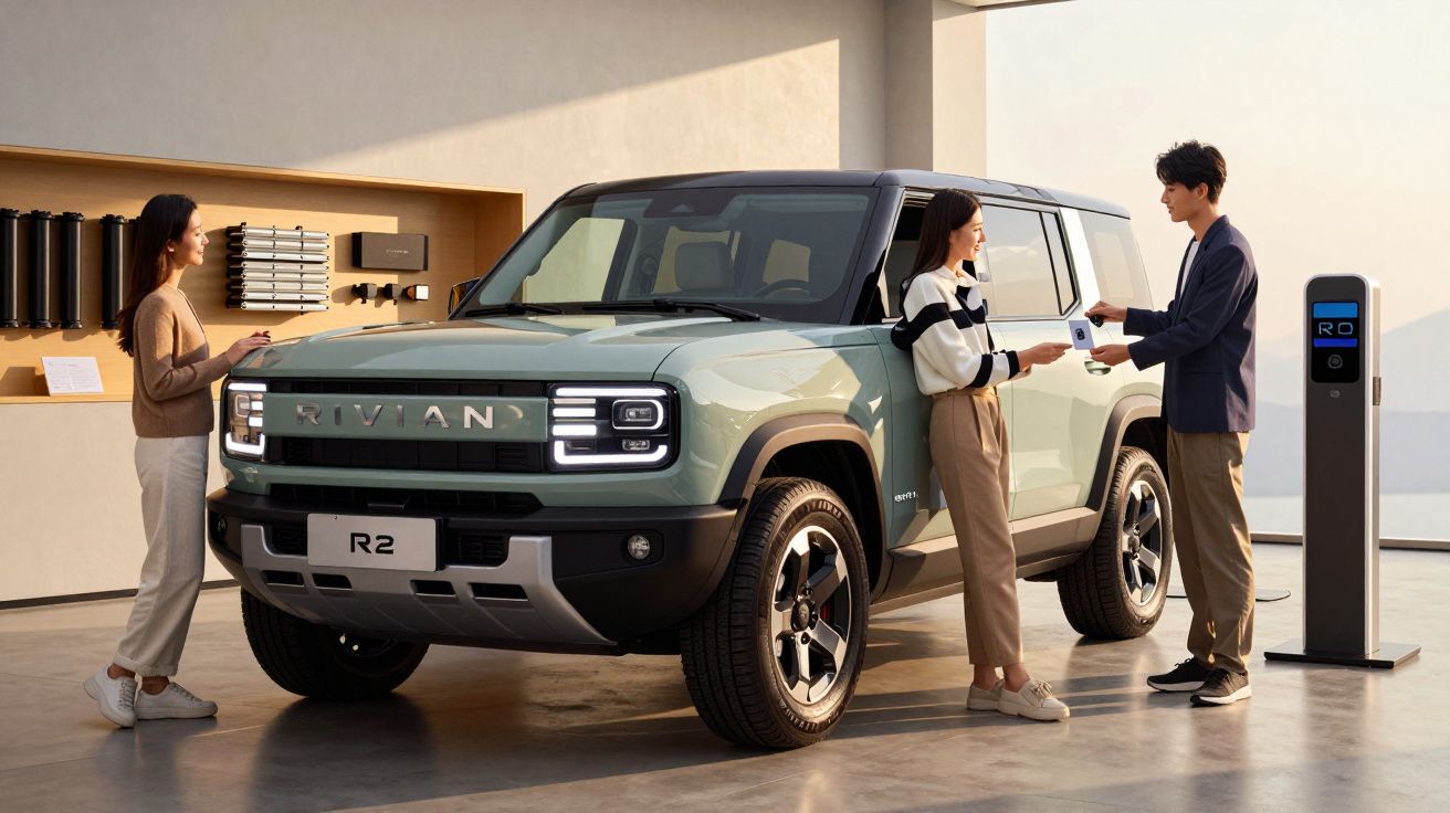 Três pessoas perto de um carro Rivian R2 numa área de carregamento. Uma mulher entrega um cartão a um homem.