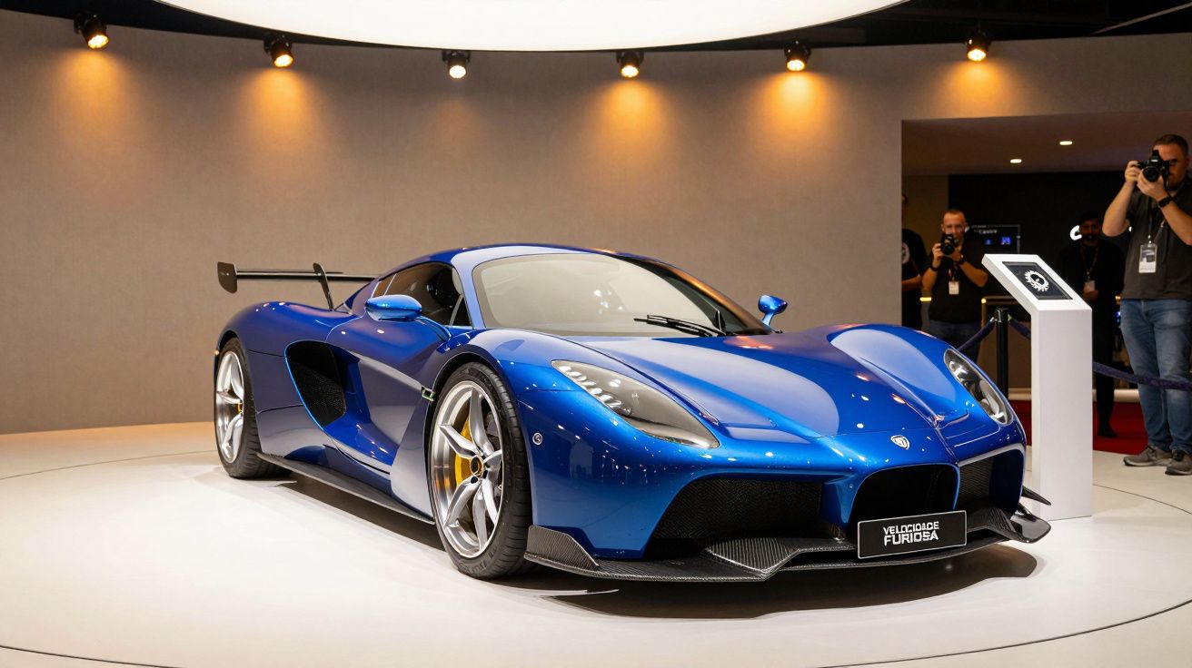 Carro desportivo azul em exibição num salão de automóveis, com fotógrafos ao fundo.