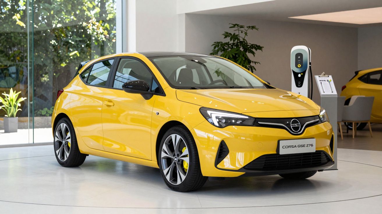 Carro amarelo Opel Corsa GSe em salão de exposição moderno com carregador elétrico ao fundo.