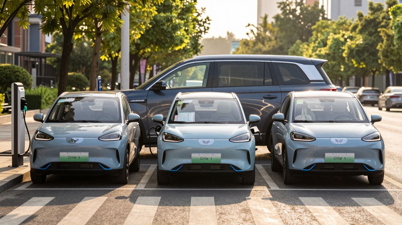 Três carros elétricos pequenos estacionados em linha ao lado de um SUV em ambiente urbano arborizado.