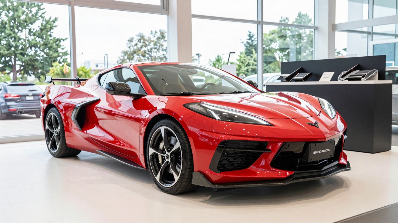 Carro desportivo vermelho exposto num stand, com design moderno e jantes pretas, em ambiente de showroom iluminado.