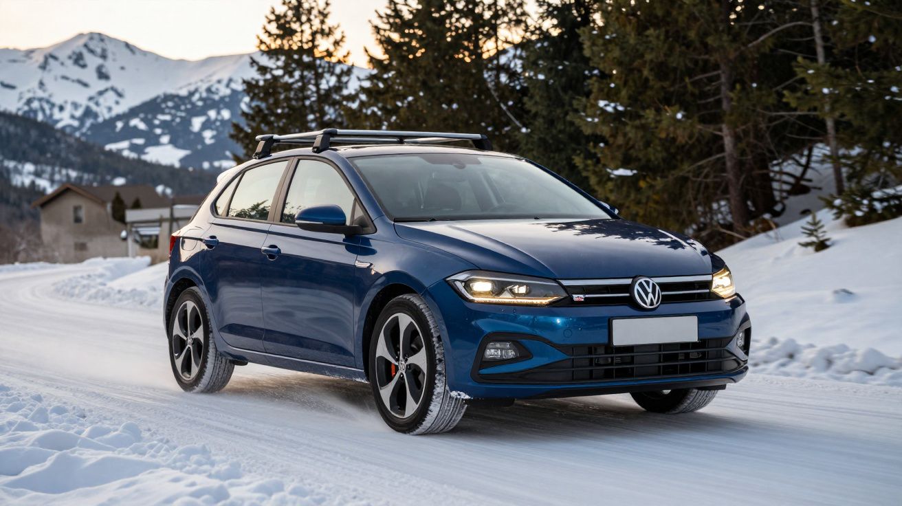 Carro azul a conduzir numa estrada com neve, rodeada de árvores e montanhas nevadas ao fundo.